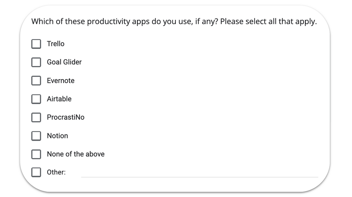 An example red herring question: “Which of these productivity apps do you use, if any?” where “Goal Glider” and “ProcrastiNo” are fake options.